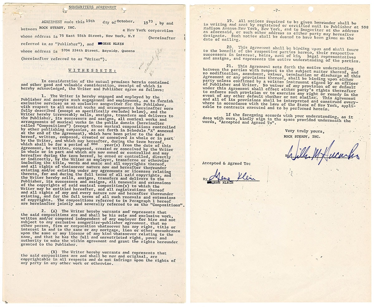 15. October 1973, contract between Rock Steady and Gene Klein (Simmons).
