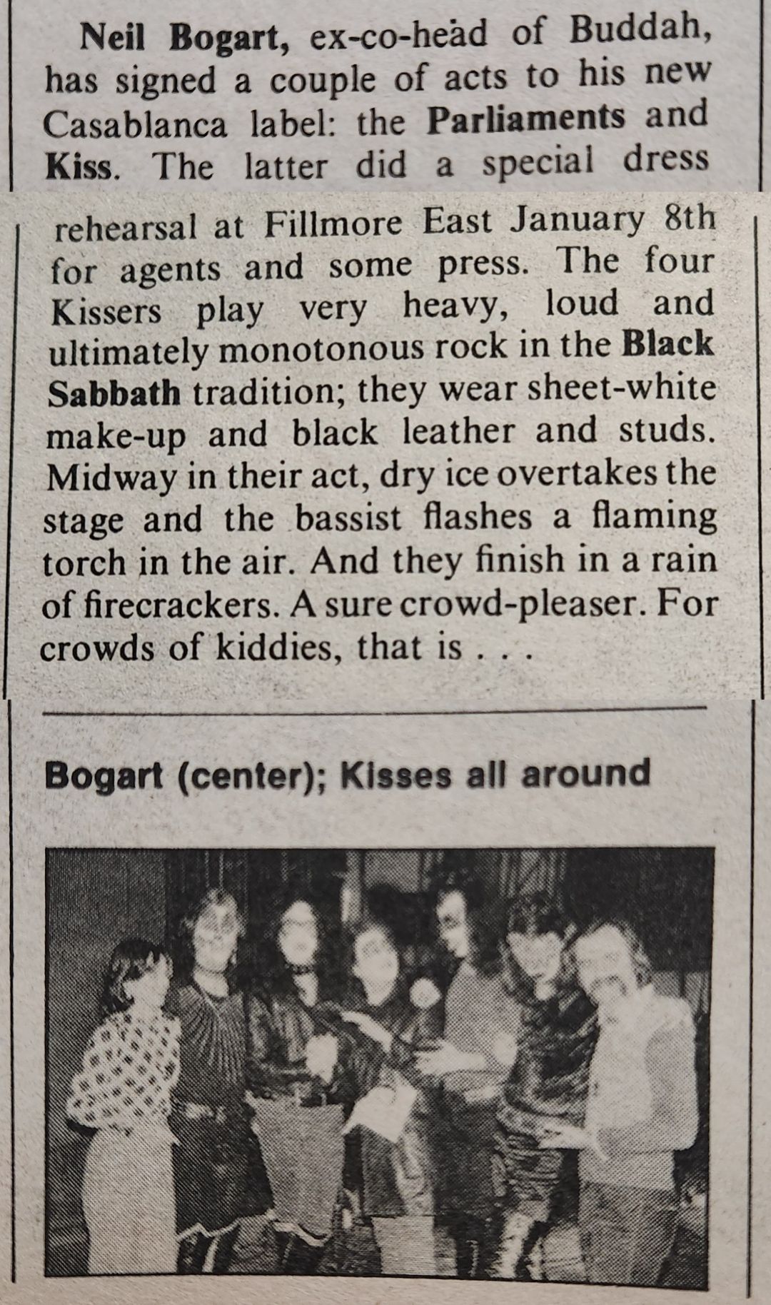Article about Kiss signing deal with Neil Bogart, in Rolling Stone February 1974