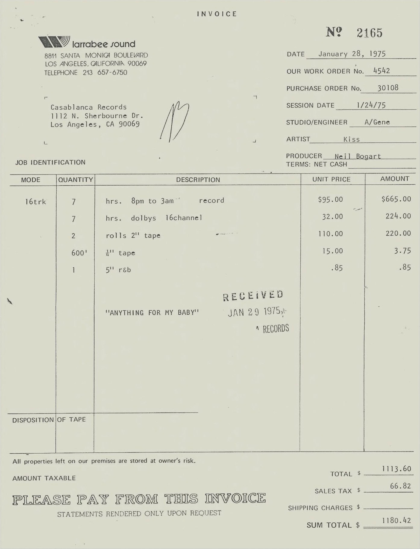 Invoice from Kiss demo recording at Larrabee Studios, Los Angeles, January 1975