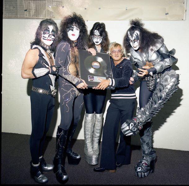 6. September, 1976, Kiss backstage at Varsity Stadium, Toronto, Ontario, Canada. Peter Criss using blue makeup.