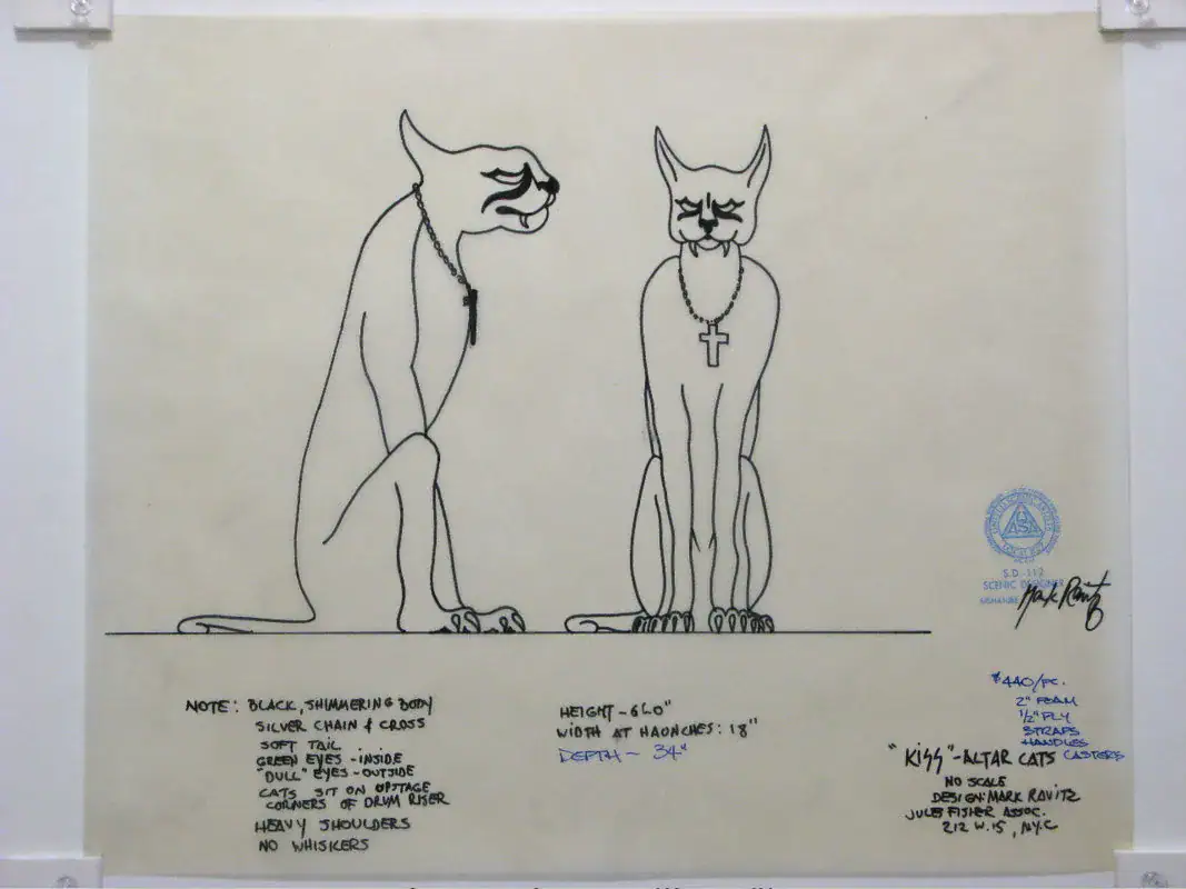 The original 1976 drawing design for Peter Criss' stage altar cats.