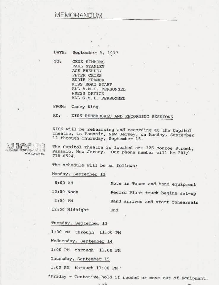 12. September, 1977, Kiss studio Capital Theatre, memorandum.