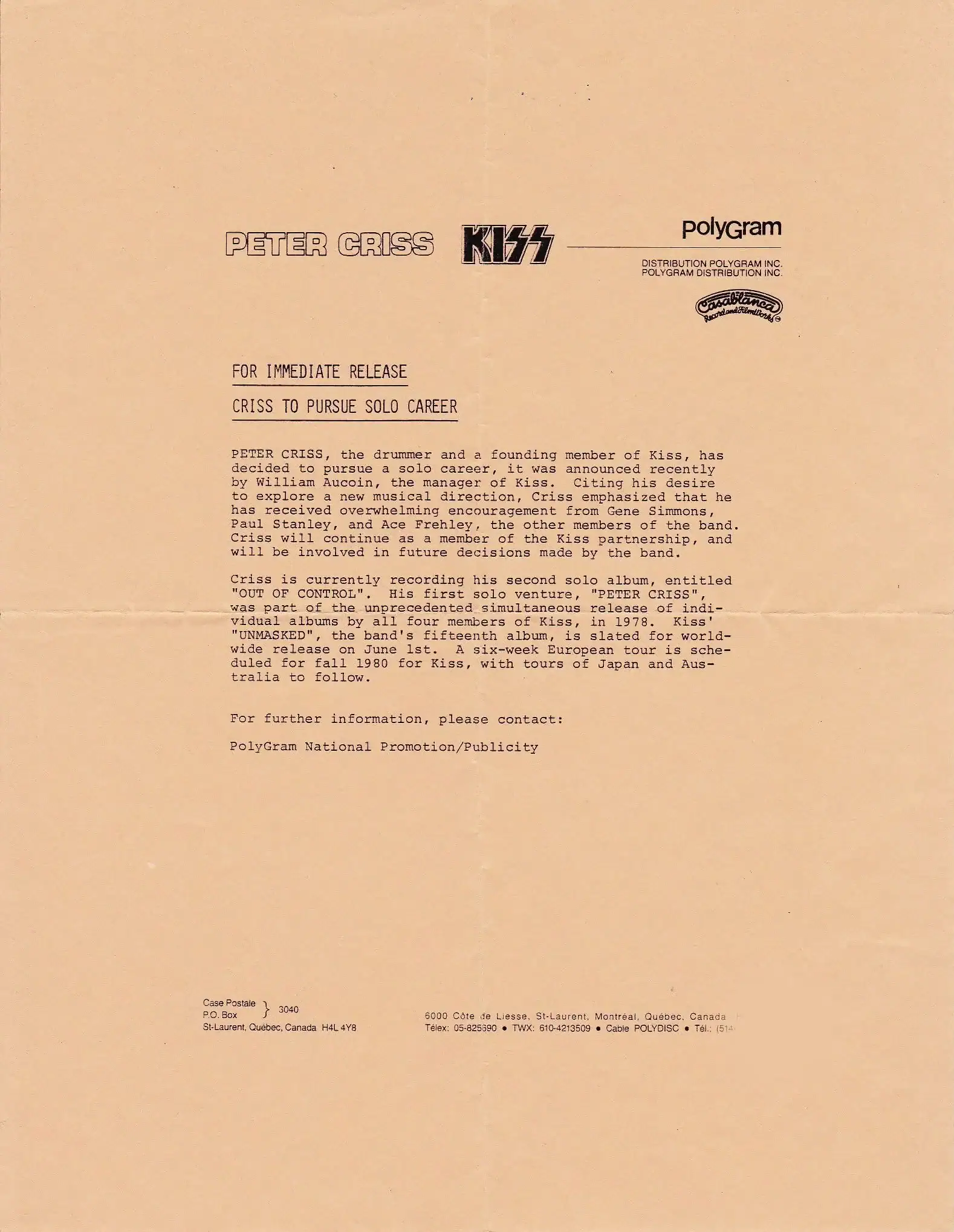 Press release, Peter Criss leaves Kiss, 1980.