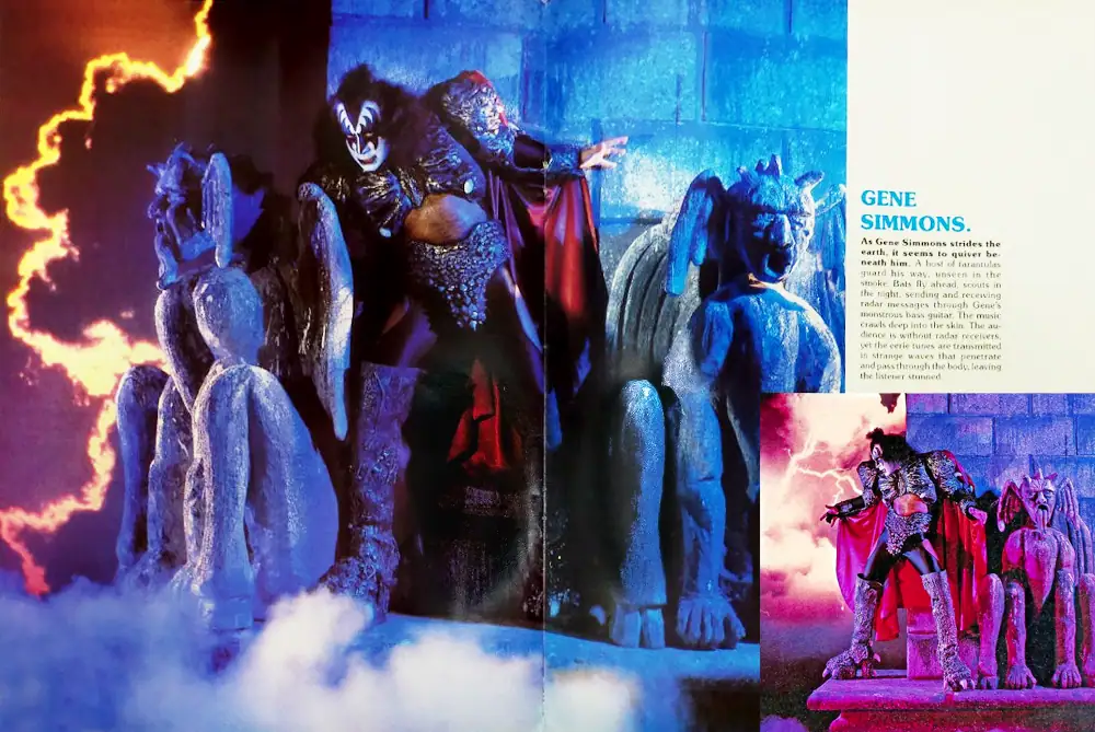 Spread from Kiss tour book 1980. Gene Simmons gargoyle photo session with Bernard Vidal in New York.