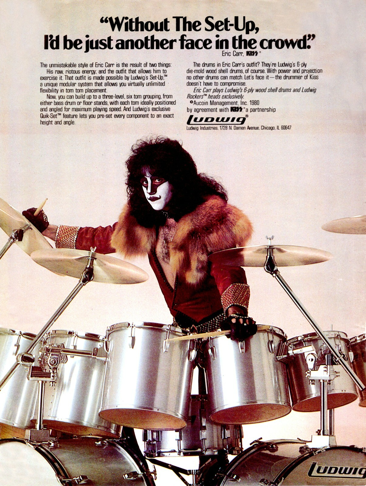 Eric Carr, advertisement for Ludwig Drums endorsement, 1980.