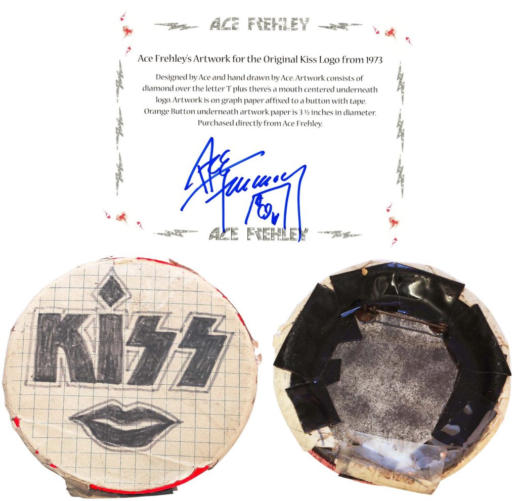 Kiss logo drawn by Ace Frehley 1973, button sold 2022