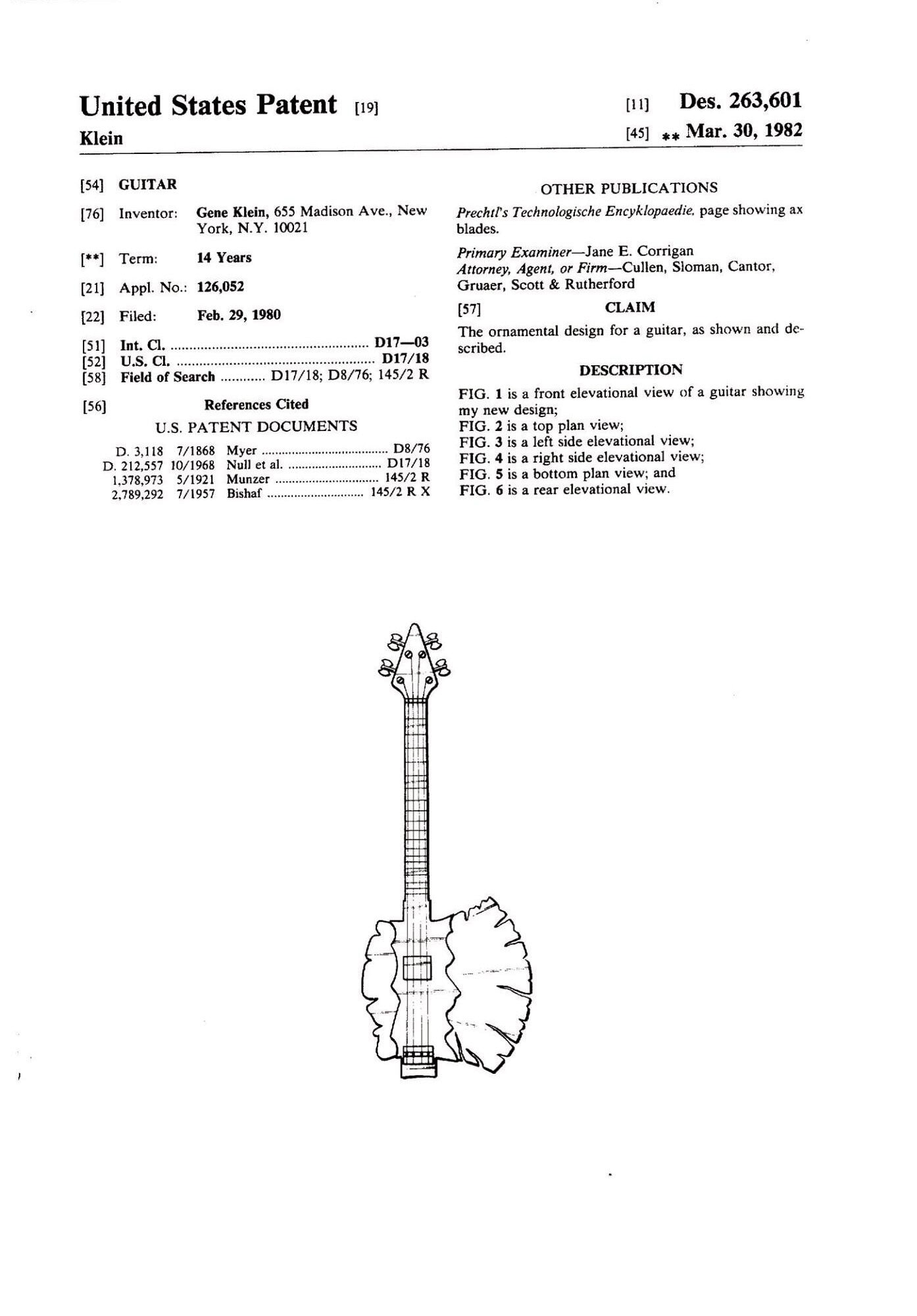 On 30. March 1980, Gene Simmons registered a first patent for his Axe bass.