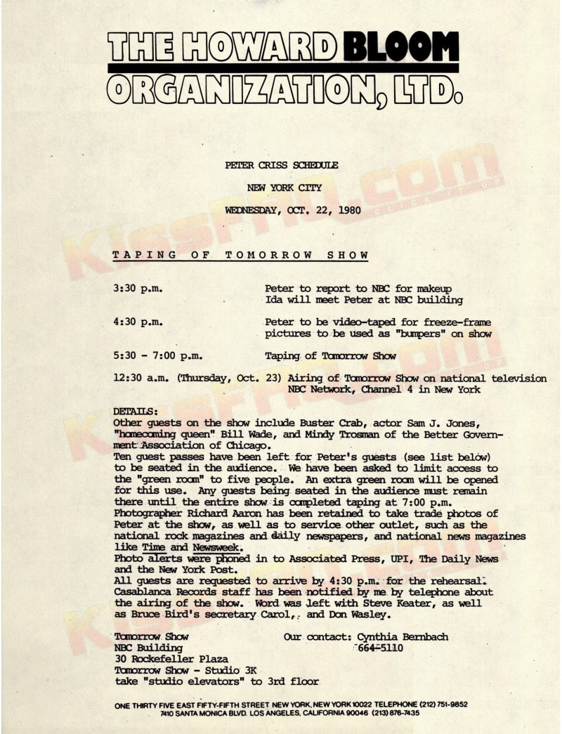 22. October, 1980, Peter Criss schedule on the Tomorrow Show. 22. October, 1980, Peter Criss schedule on the Tomorrow Show.