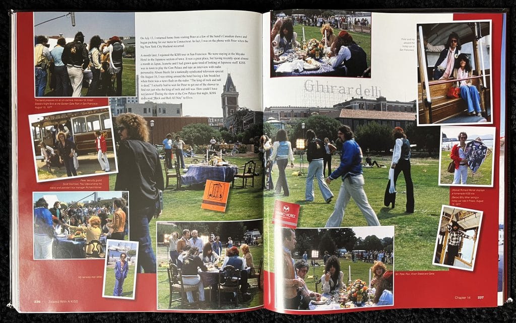 On 15. August, 1977, Kiss was interviewed unmasked in the Victorian Park, San Francisco, by Alison Steele for the Night Bird TV show on WNEW. Photo of book spread from Lydia Criss' book "Sealed With a Kiss".