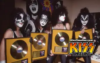 On 4. December, 1975, Kiss' first live album, "Alive!", was certified Gold by the The Recording Industry Association of America (RIAA), making it their very first Gold award by reaching 500,000 sales of an album. The award was presented backstage at the Nassau Coliseum, Uniondale, New York, before their show on New Year’s Eve 1975.